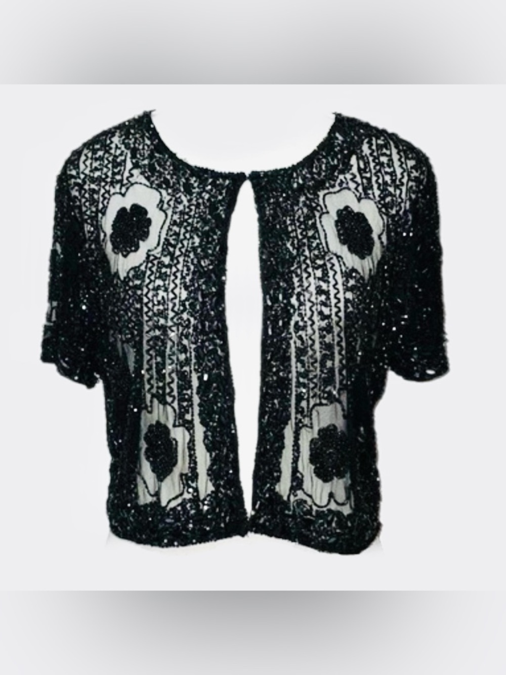 Adrianna Papell Black Beaded Sheer Embellished Cardigan Shrug Size Small